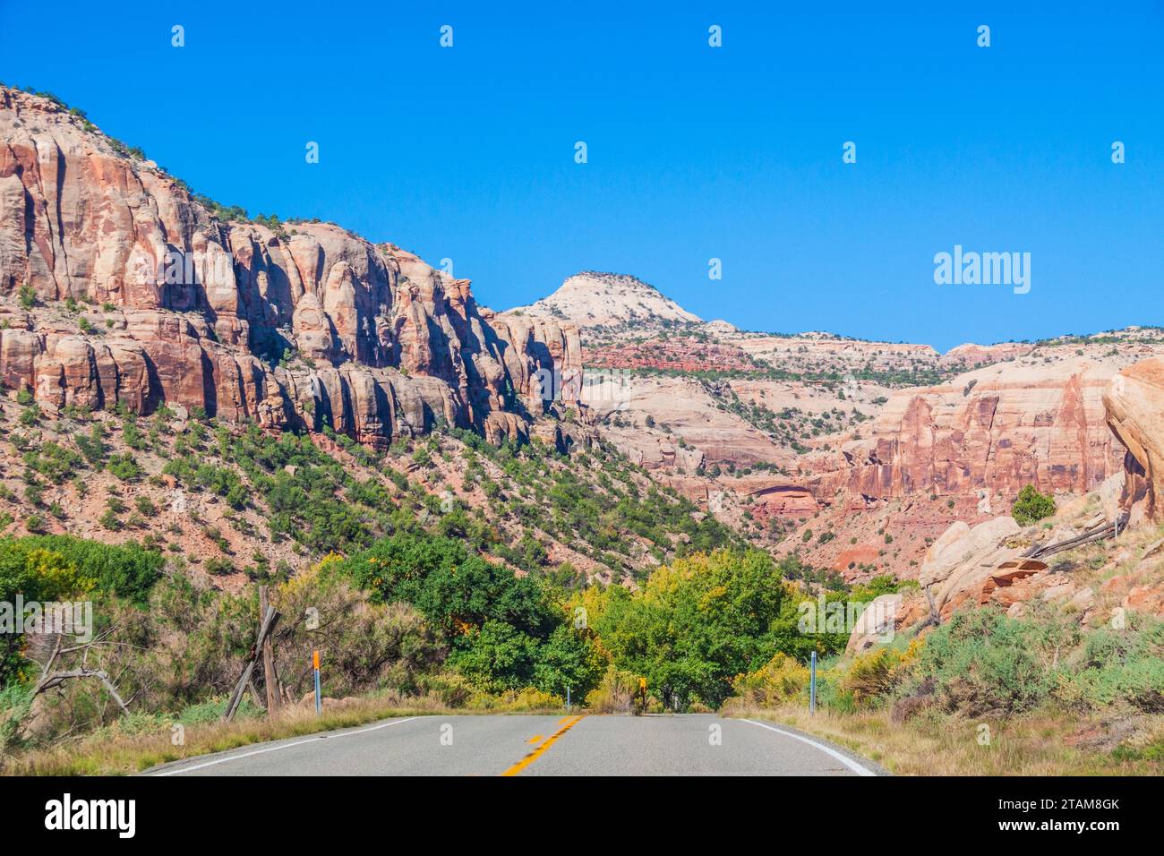 Utah 211 scenic byway in Utah, designated as Indian Creek Corridor Scenic Byway, passes through a landscape of sandstone rocks and formations. Stock Photo