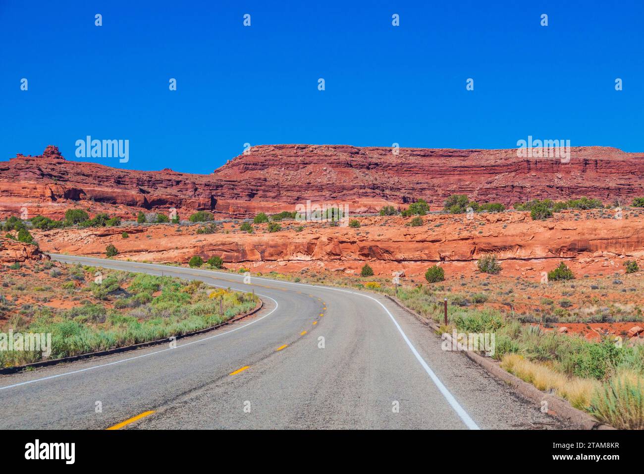 Utah 211 scenic byway in Utah, designated as Indian Creek Corridor Scenic Byway, passes through a landscape of sandstone rocks and formations. Stock Photo