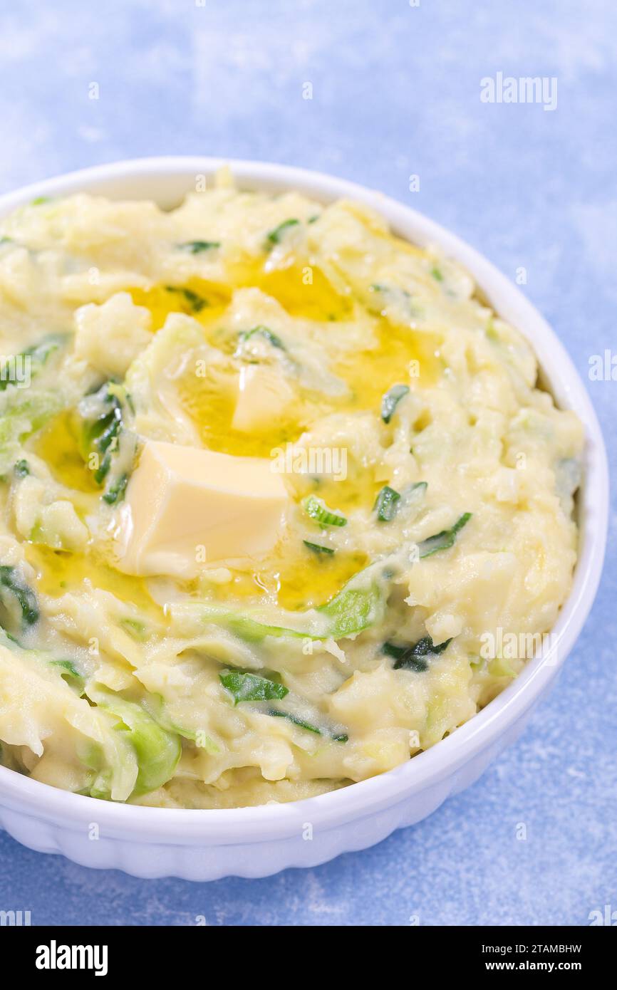Delicious homemade Irish dish Colcannon or mashed potato with green