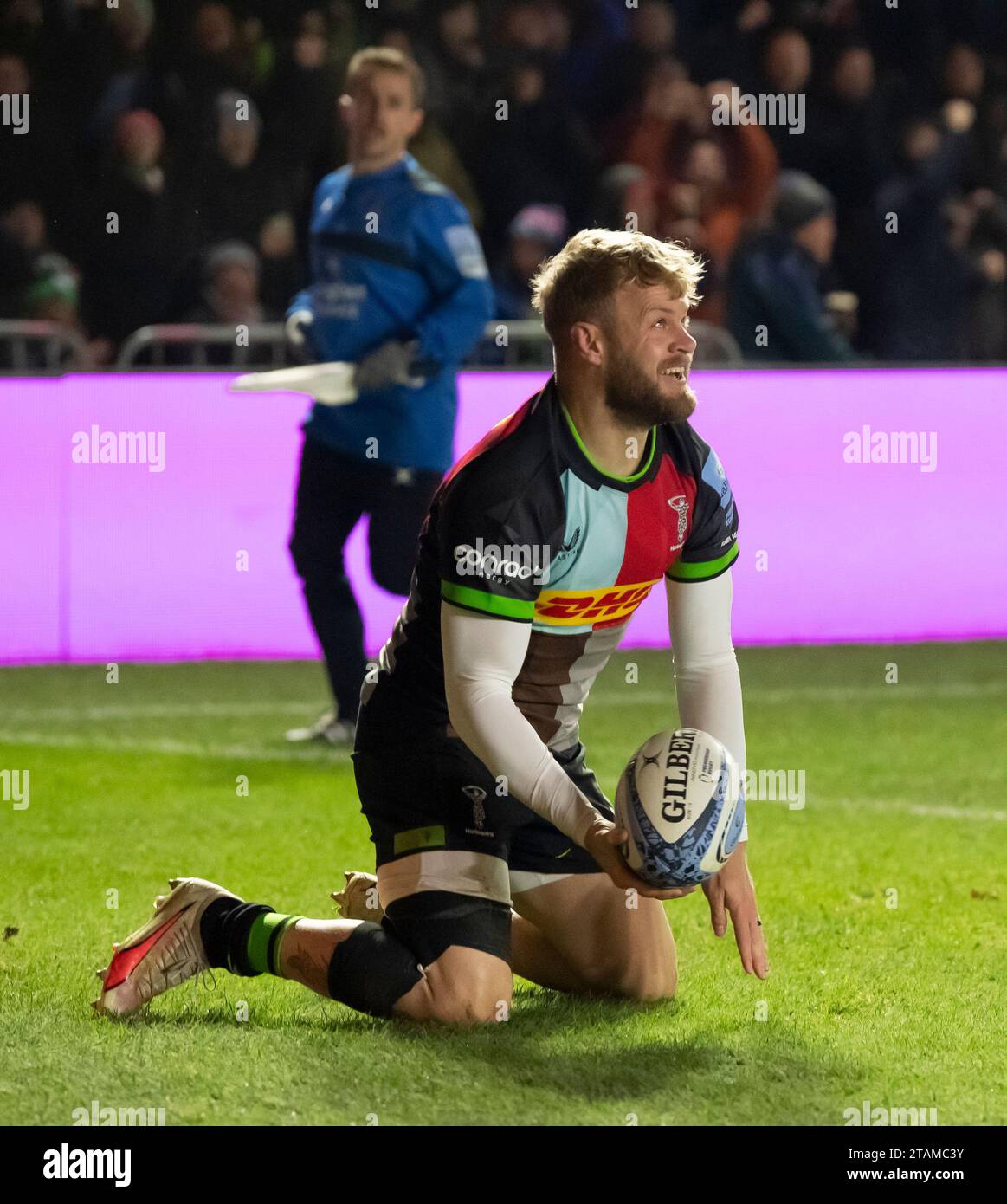 Harlequins Tyrone Green goes over for the first try during the