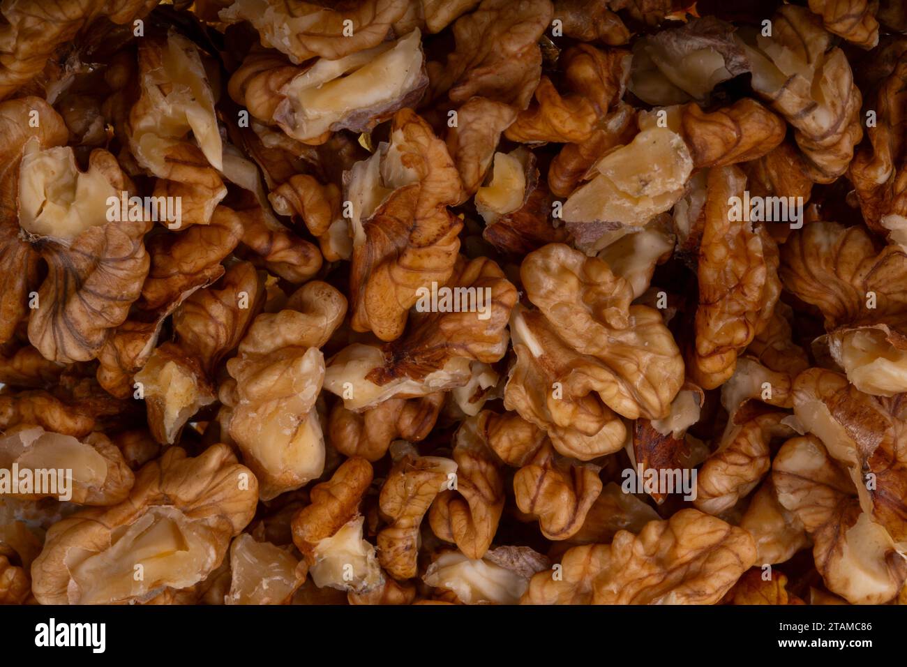 Walnuts on a black brown background. Stock Photo