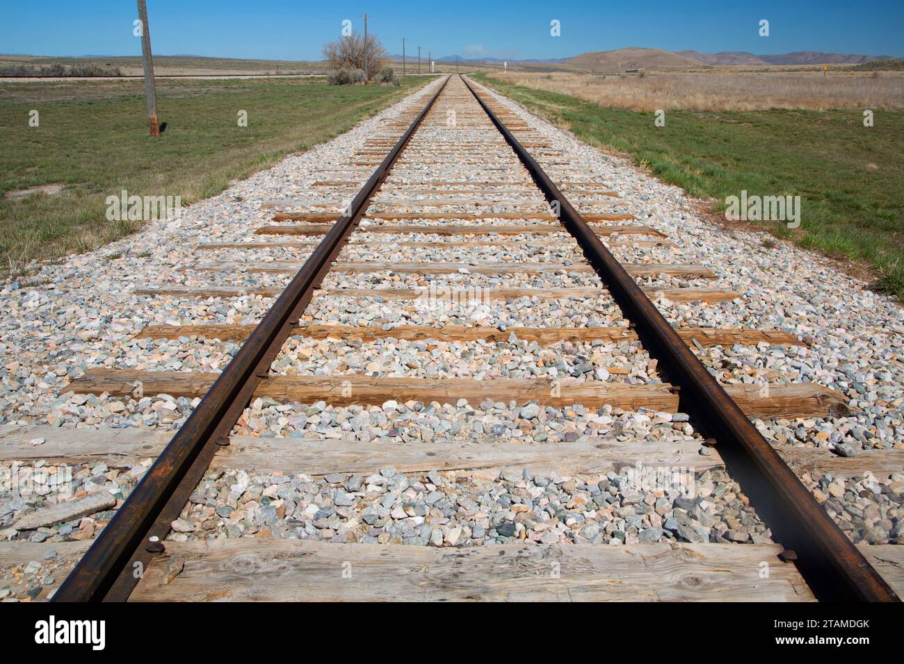 Railroad tracks, Golden Spike National Historic Site, Box Elder County, Utah Stock Photo