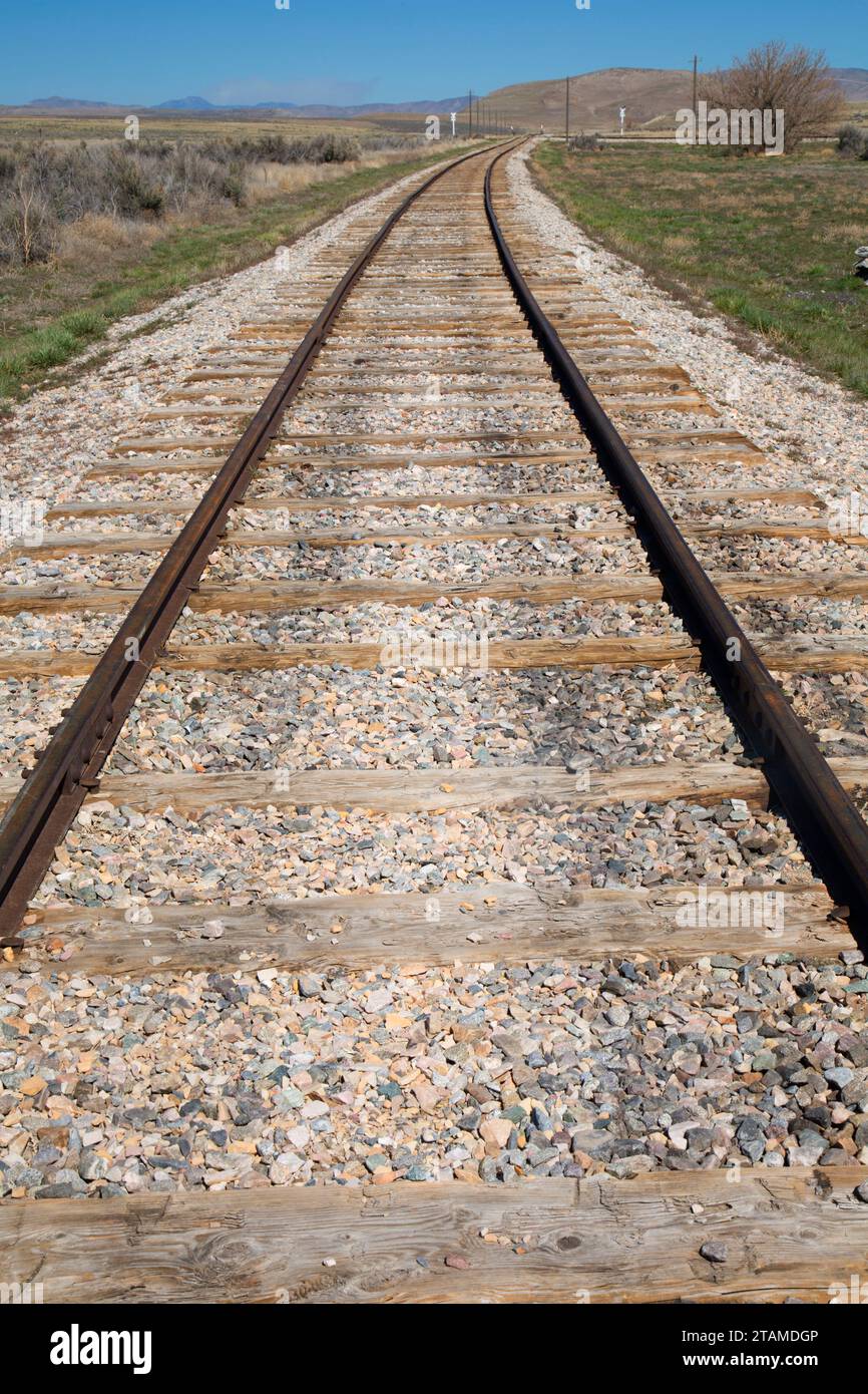 Railroad tracks, Golden Spike National Historic Site, Box Elder County, Utah Stock Photo