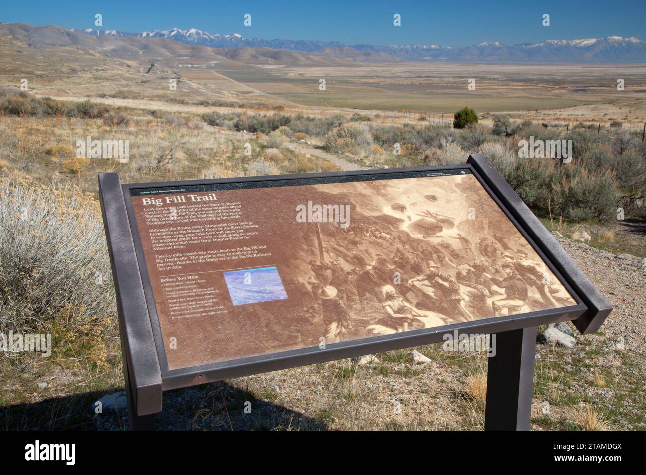 Big Fill Trail interpretive board, Golden Spike National Historic Site, Box Elder County, Utah Stock Photo
