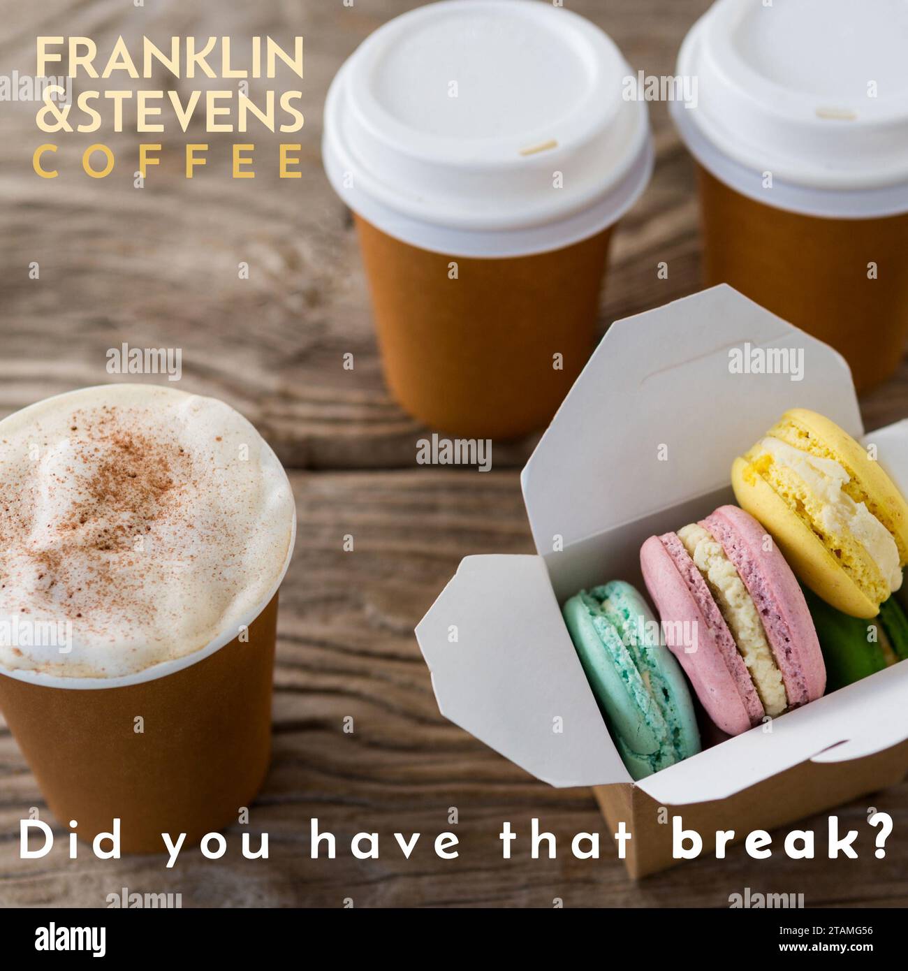 Composition of franklin and stevens coffee text over takeaway coffee and macaroons Stock Photo