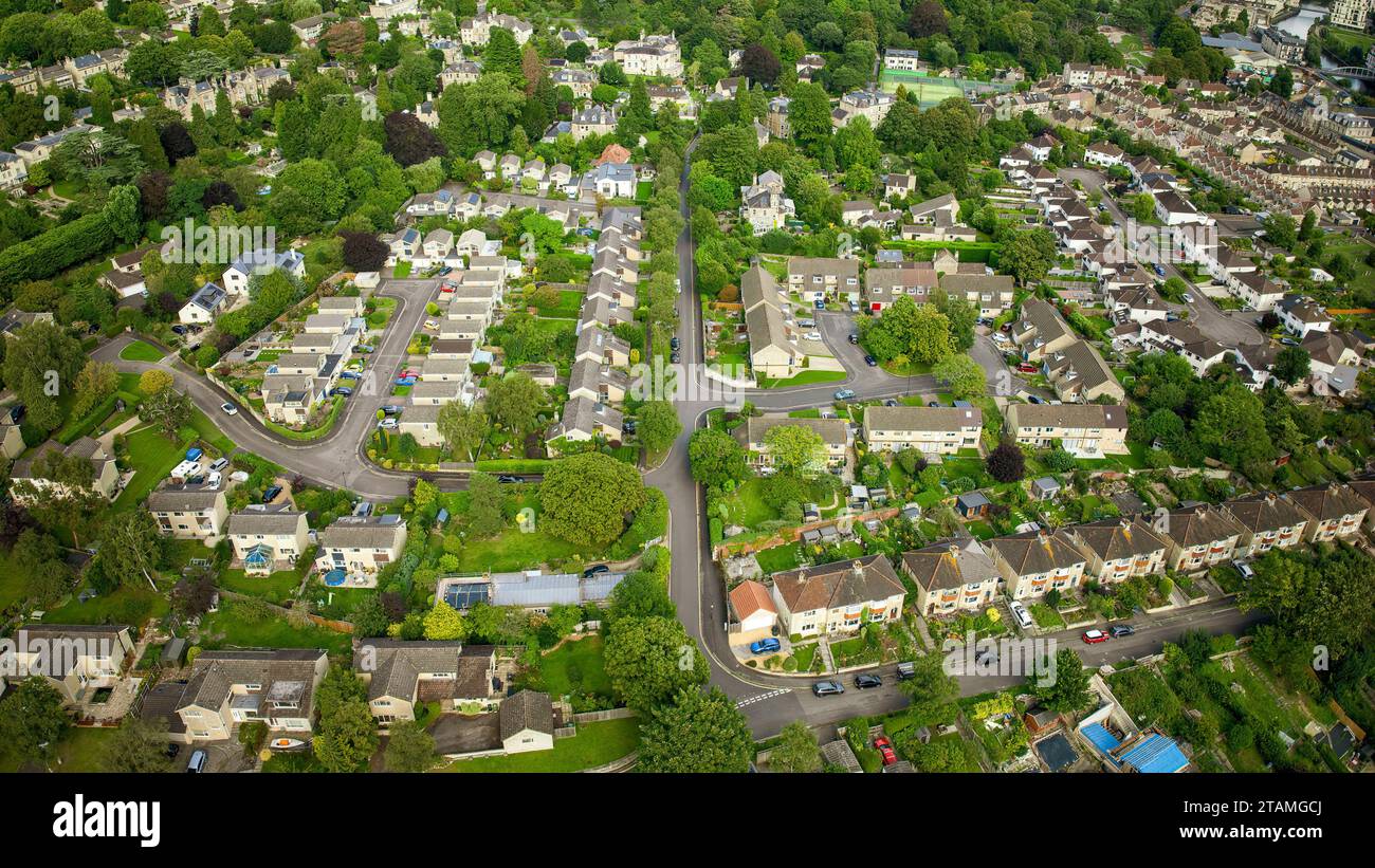 Drone aerial view over Audley Park Road, in the Weston area of Bath UK. (25082023 Stock Photo