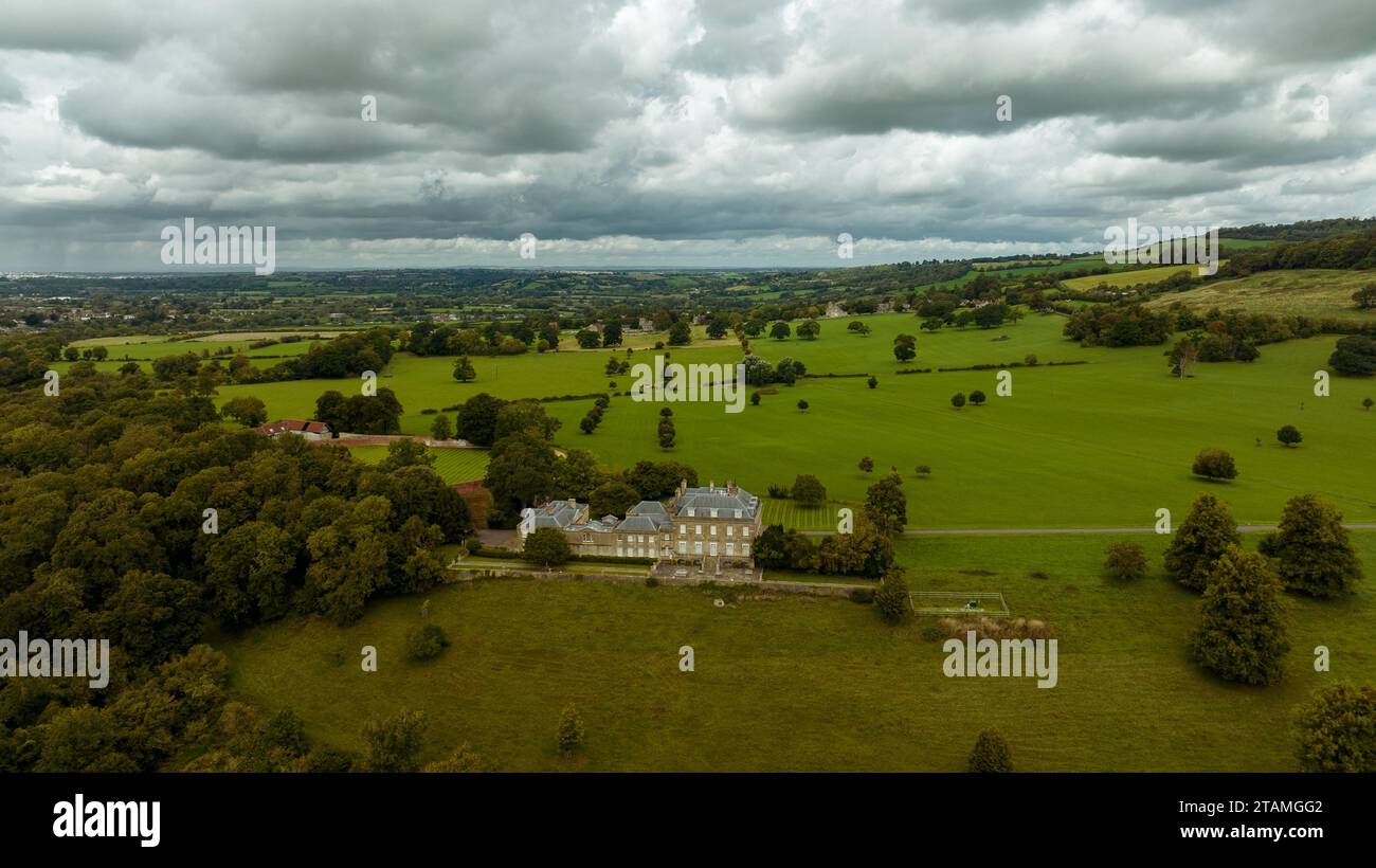 Aerial drone view of the 18thcentury country house, Kelston Park, on the outskirts of the
