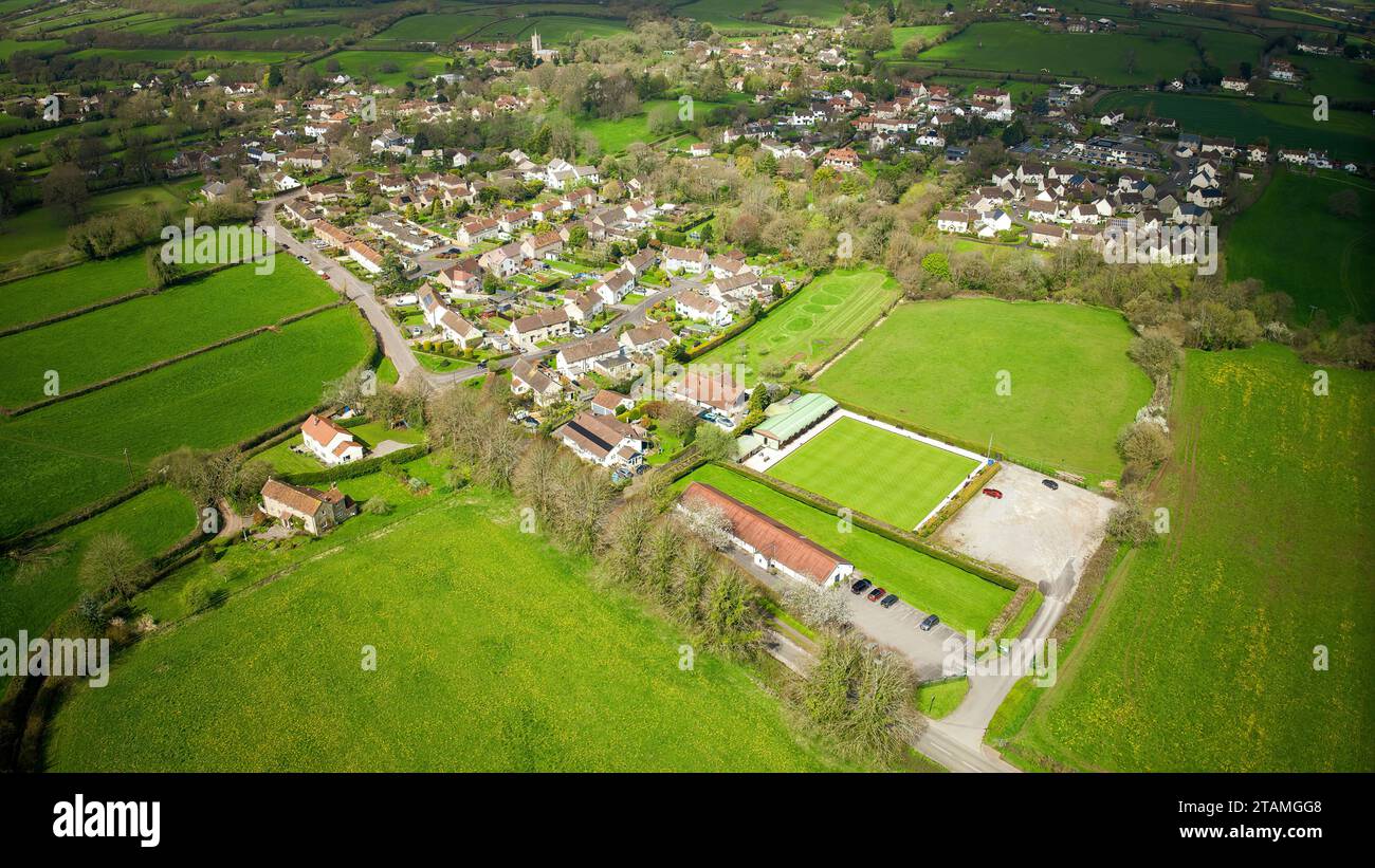 Aerial drone view over The village of Chew Stoke, that sits at the northern end of Chew Valley Lake. (18-04-2023) Stock Photo