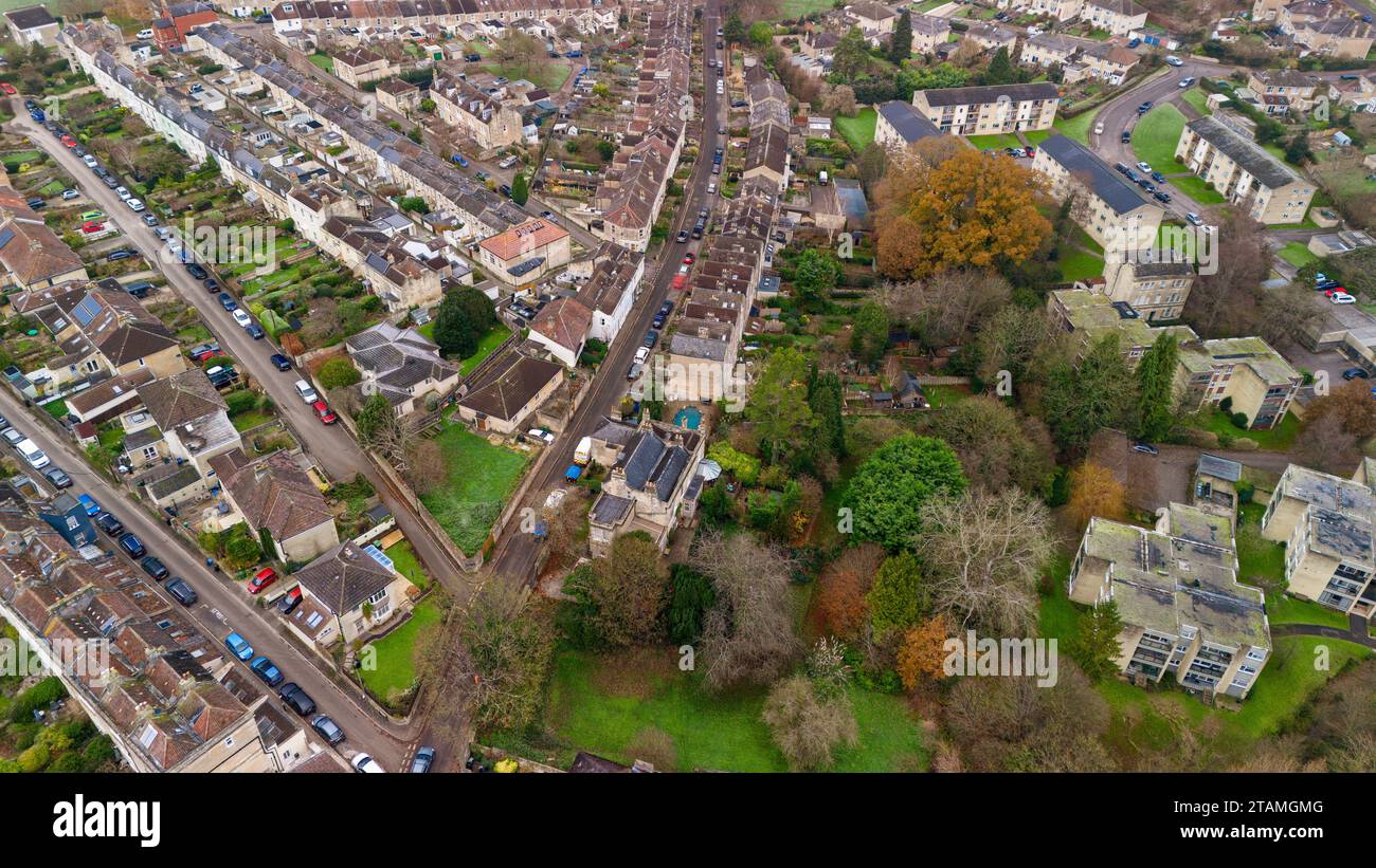 Aerial drone photo of St Saviours Road in the Larkhall area of Bath UK