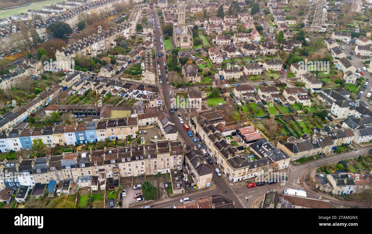 Aerial drone photo of St Saviours Road in the Larkhall area of Bath UK