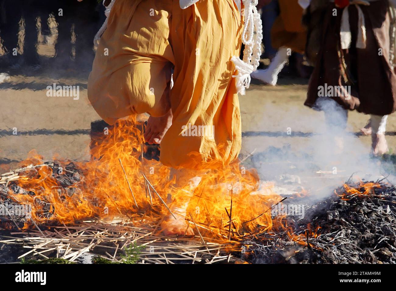 Kagawa, Japan - November 23th 2023: Sacred bonfires during Japanese, called Gomataki. Religious bonfire in the Zentuji-Park, Kagawa. Stock Photo