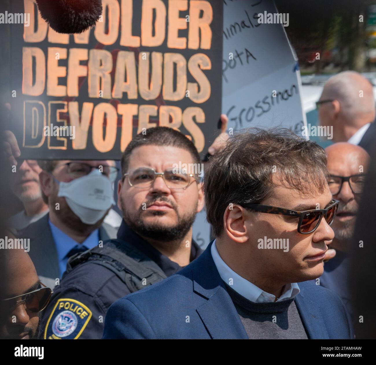 Central Islip, United States. 10th May, 2023. A protest placard is held
