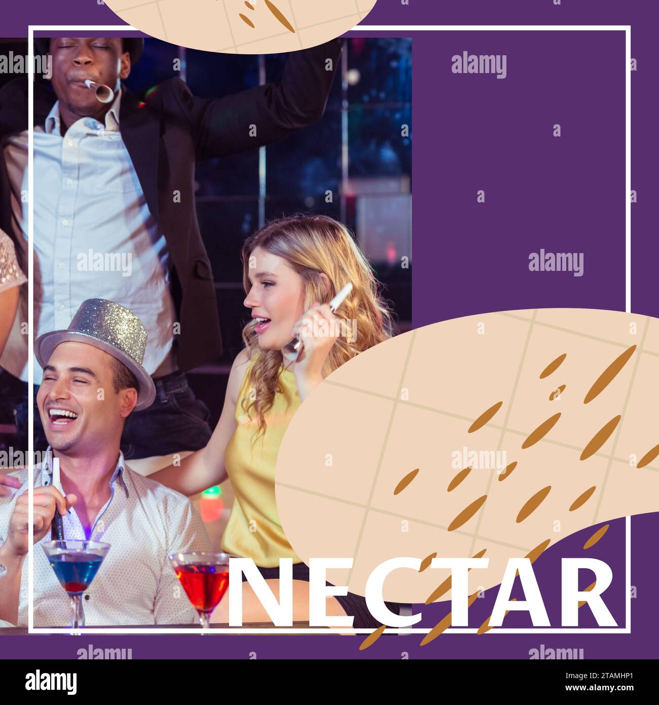 Composition of nectar text with shapes over diverse male and female