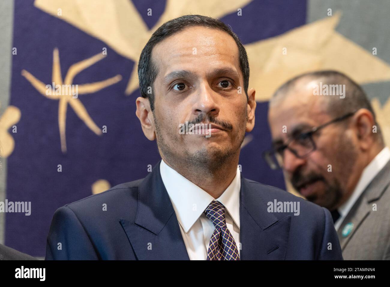 Member of the Ministerial Committee assigned by the Joint Arab-Islamic Extraordinary Summit Sheikh Mohammed bin Abdulrahman bin Jassim Al-Thani of Qatar attends meeting with SG Antonio Guterres at UN Headquarters in New York on November 29, 2023 Stock Photo