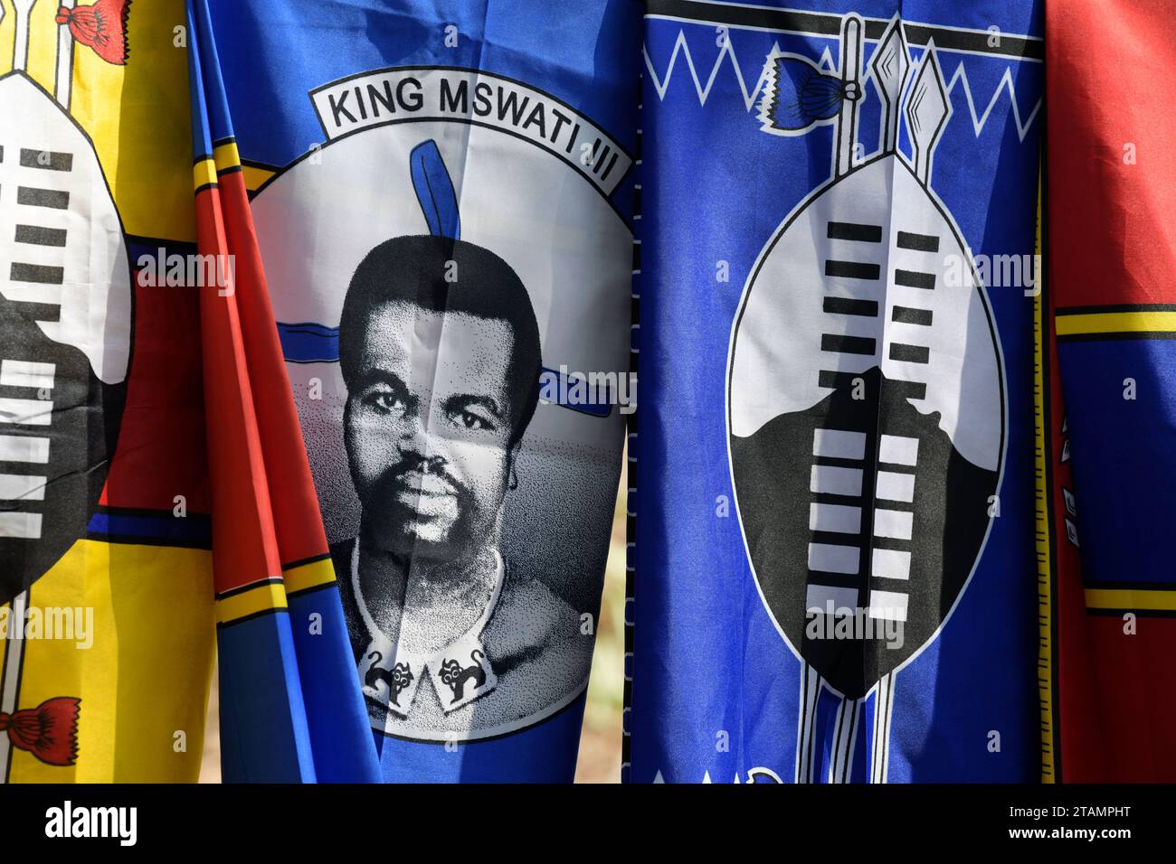 Face of King Mswati 3rd of Eswatini on screen  printed cloth, curio art for sale at Swazi Candles craft market, travel shopping, African art Stock Photo