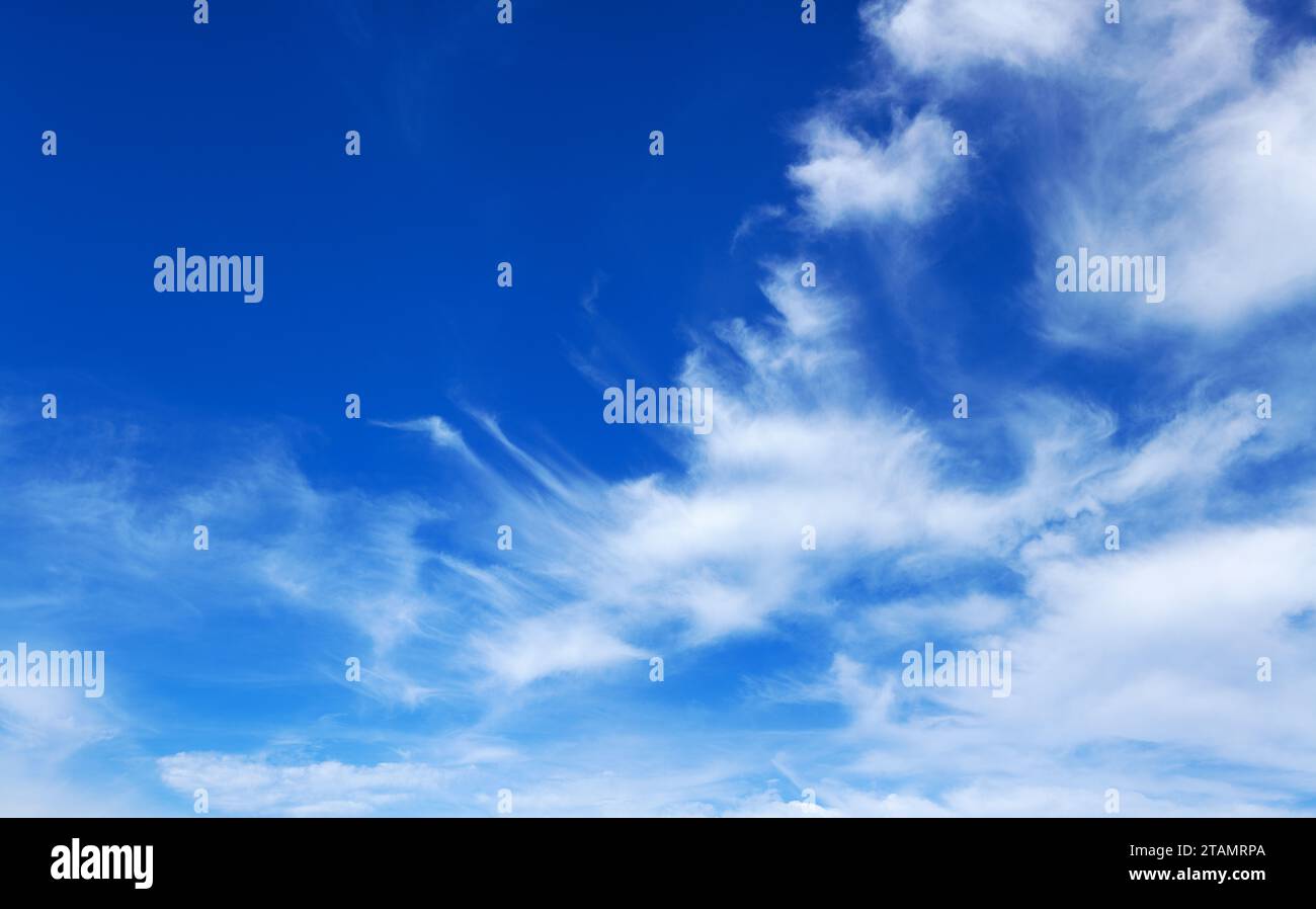 White cirrus clouds blue sky background, cirrostratus cloud, fluffy cumulus clouds, cloudy skies texture, cloudscape, cloudiness Stock Photo