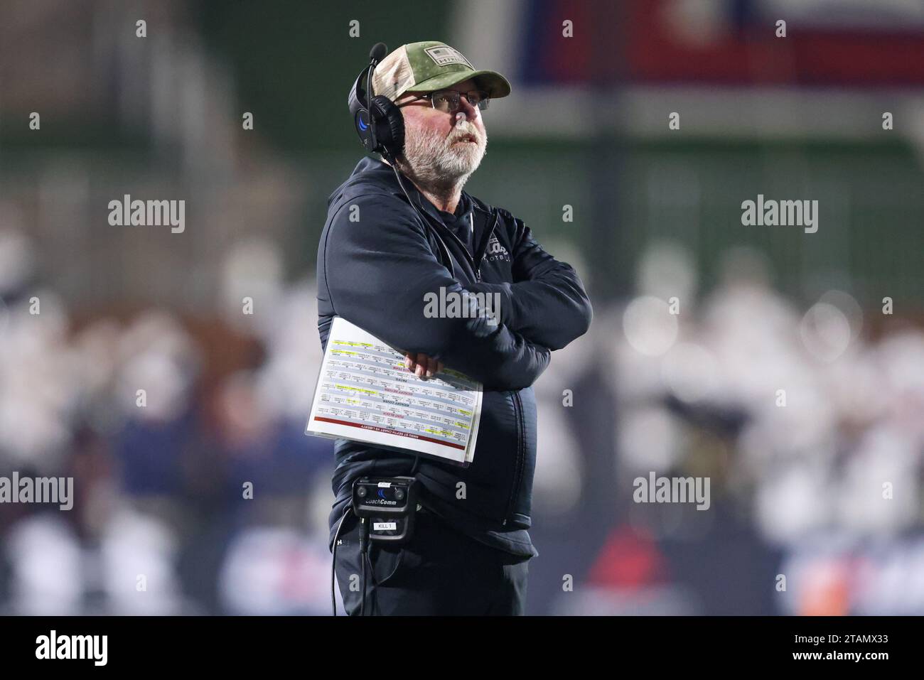 Lynchburg, Virginia, USA. 1st Dec, 2023. New Mexico State Aggies head coach Jerry Kill looks on during the NCAA Conference USA Football Championship Game between the New Mexico State Aggies and the Liberty Flames at Williams Stadium in Lynchburg, Virginia. Greg Atkins/CSM/Alamy Live News Stock Photo