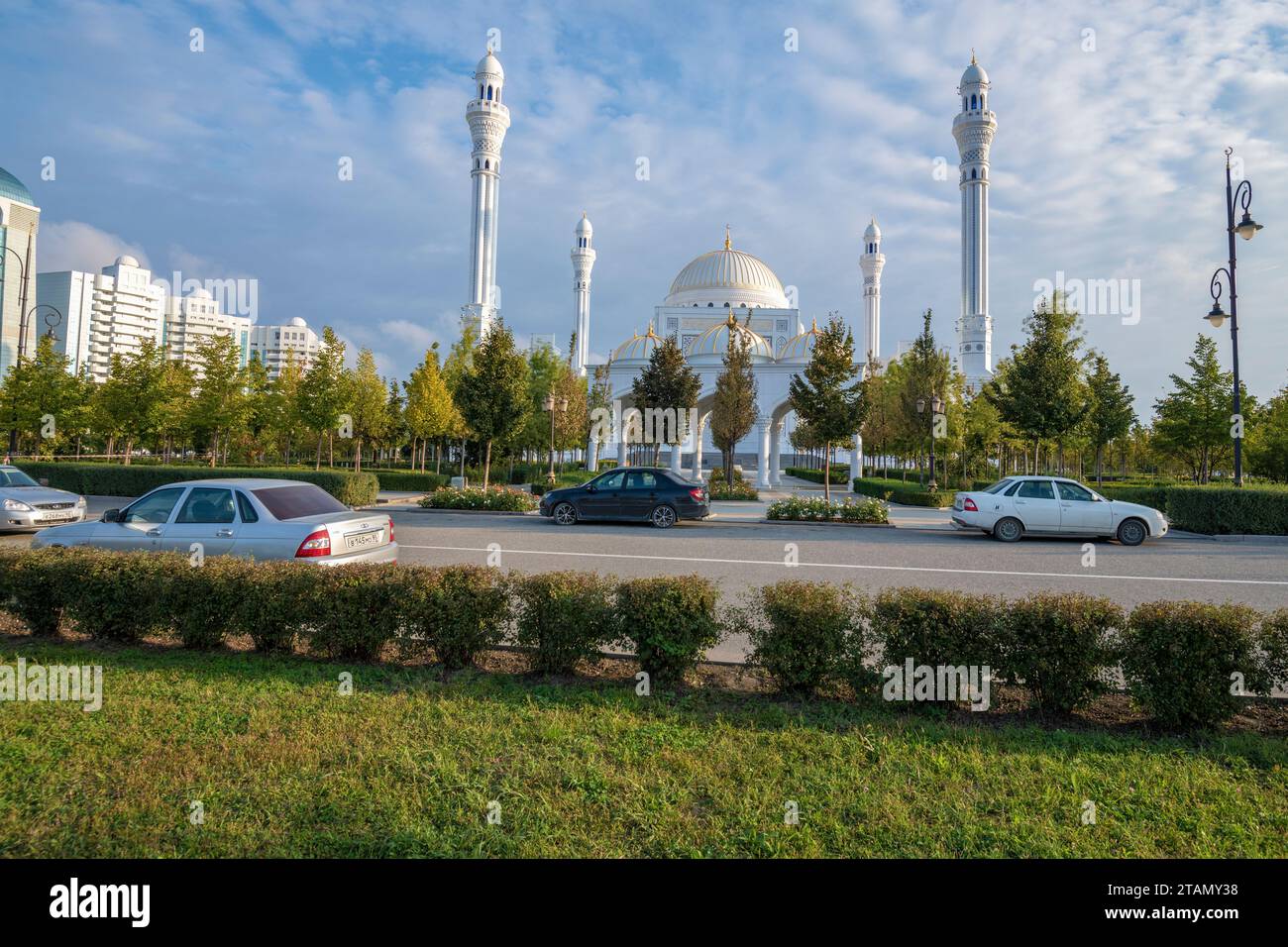 SHALI, RUSSIA - SEPTEMBER 29, 2021: Mosque of the Prophet Muhammad (Pride of Muslims Mosque) in the city landscape on a sunny September morning Stock Photo