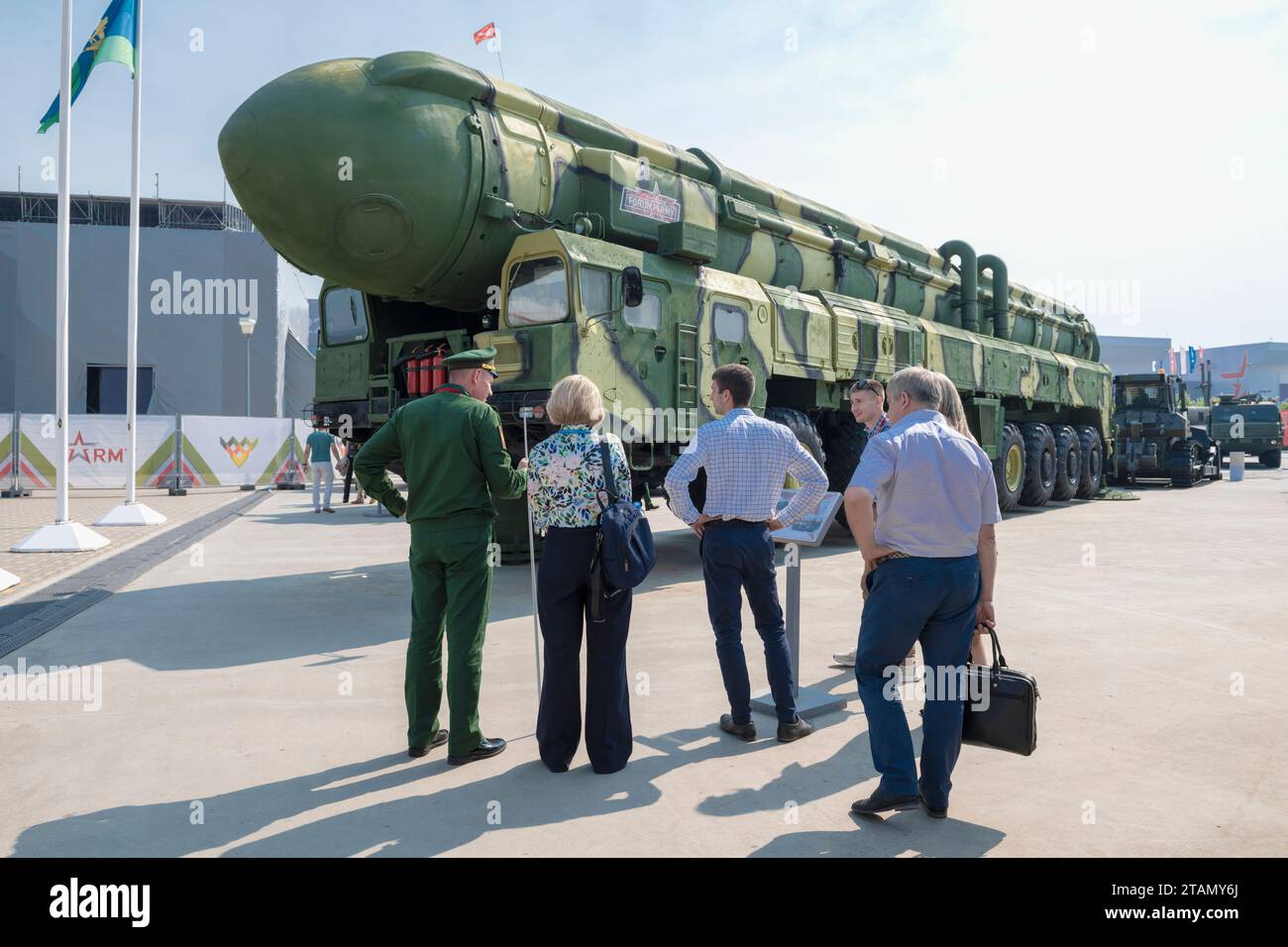 MOSCOW REGION, RUSSIA - AUGUST 18, 2022: Visitors to the Army-2022 military-technical forum at the launcher of the 15U168 Soviet strategic missile sys Stock Photo