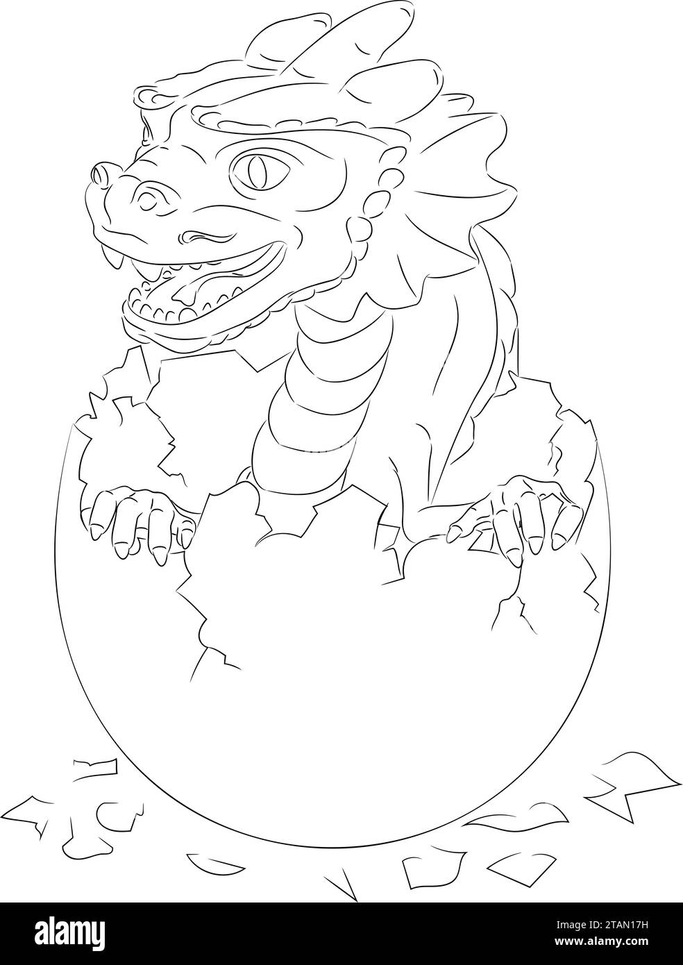 Line art of hatched wooden dragon with paws in egg.  Vector illustration of a wooden little dragon hatched from an egg. Baby dragon in an egg with paw Stock Vector