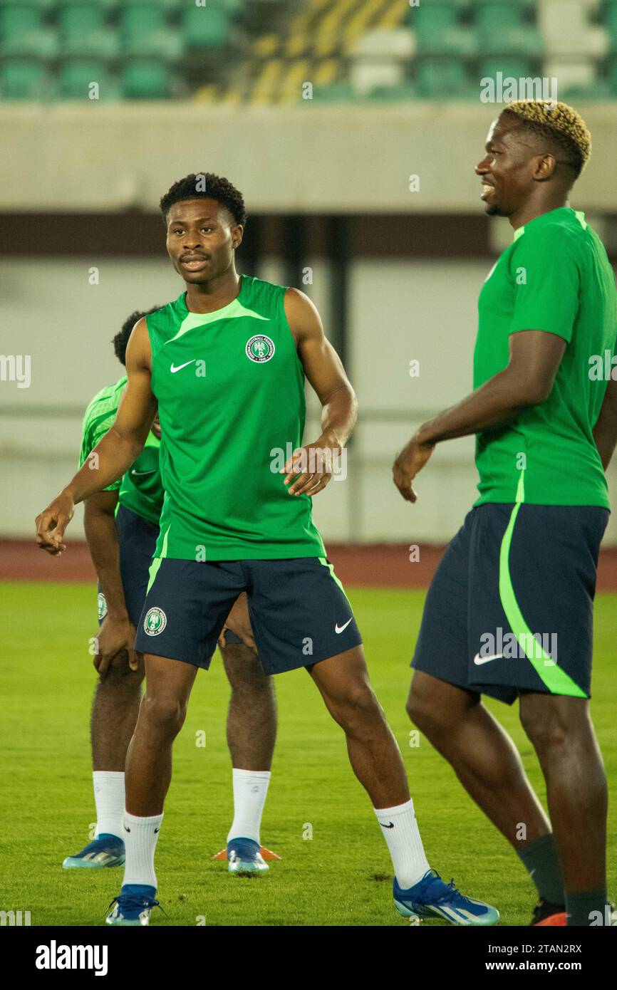 UYO, NIGERIA - NOVEMBER 15:  Raphael Onyedika and Kenneth Omeruo of Nigeria during the World Cup Qualifiers training in preparation for Nigeria and Le Stock Photo
