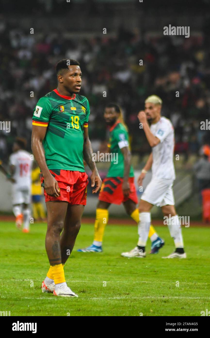 DOUALA, CAMEROON - NOVEMBER 17:  Faris Pemi Moumbagna of Cameroon during the 2026 FIFA World Cup Qualifiers match between Cameroon and Mauritius at at Stock Photo