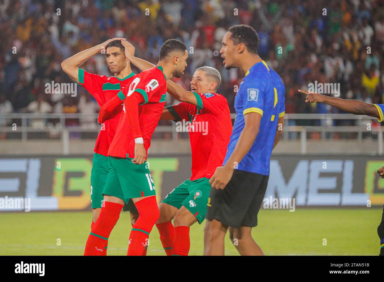 DAR ES SALAAM, TANZANIA  - NOVEMBER 21:   Youssef En-nesyri, Hakimi Achraf of Morocco and Tanzania defenders during the 2026 FIFA World Cup Qualifiers Stock Photo