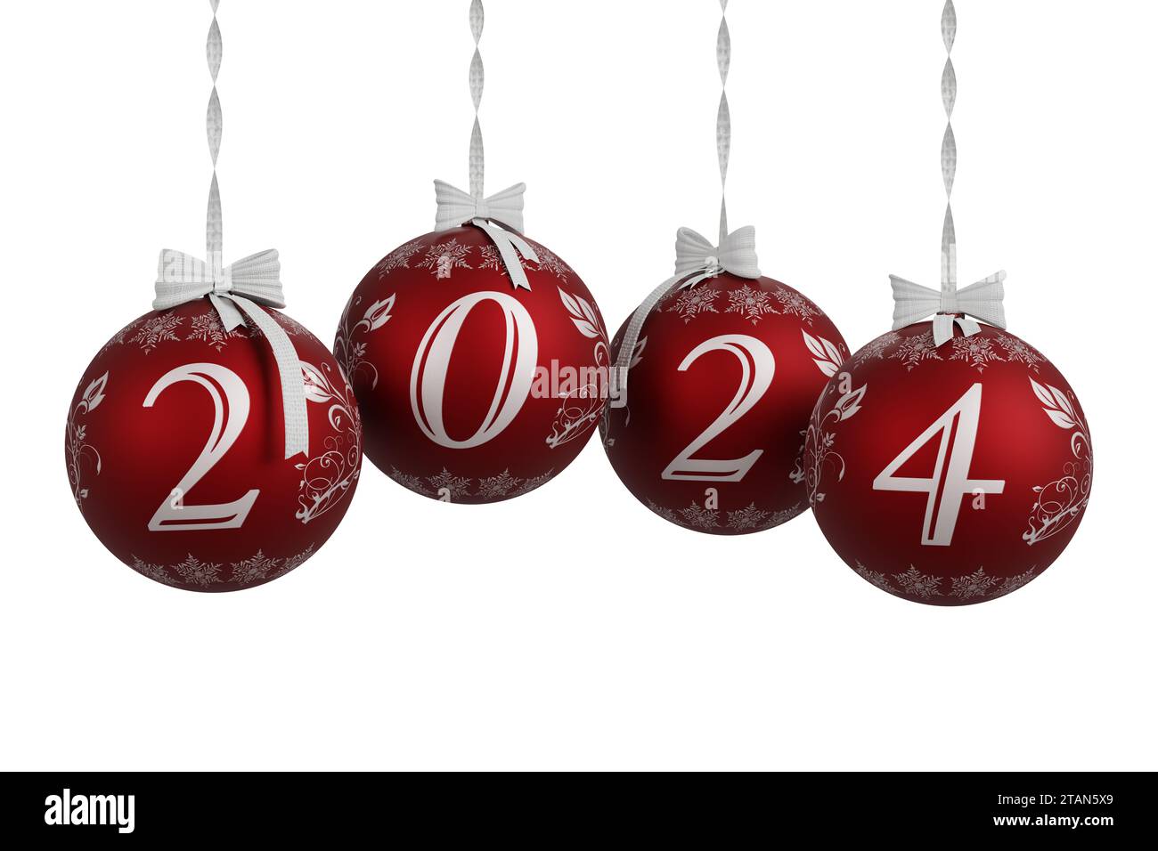 3D illustration. New Year 2024. New Year 2024 in numbers and with Christmas decoration. Christmas tree balls Stock Photo