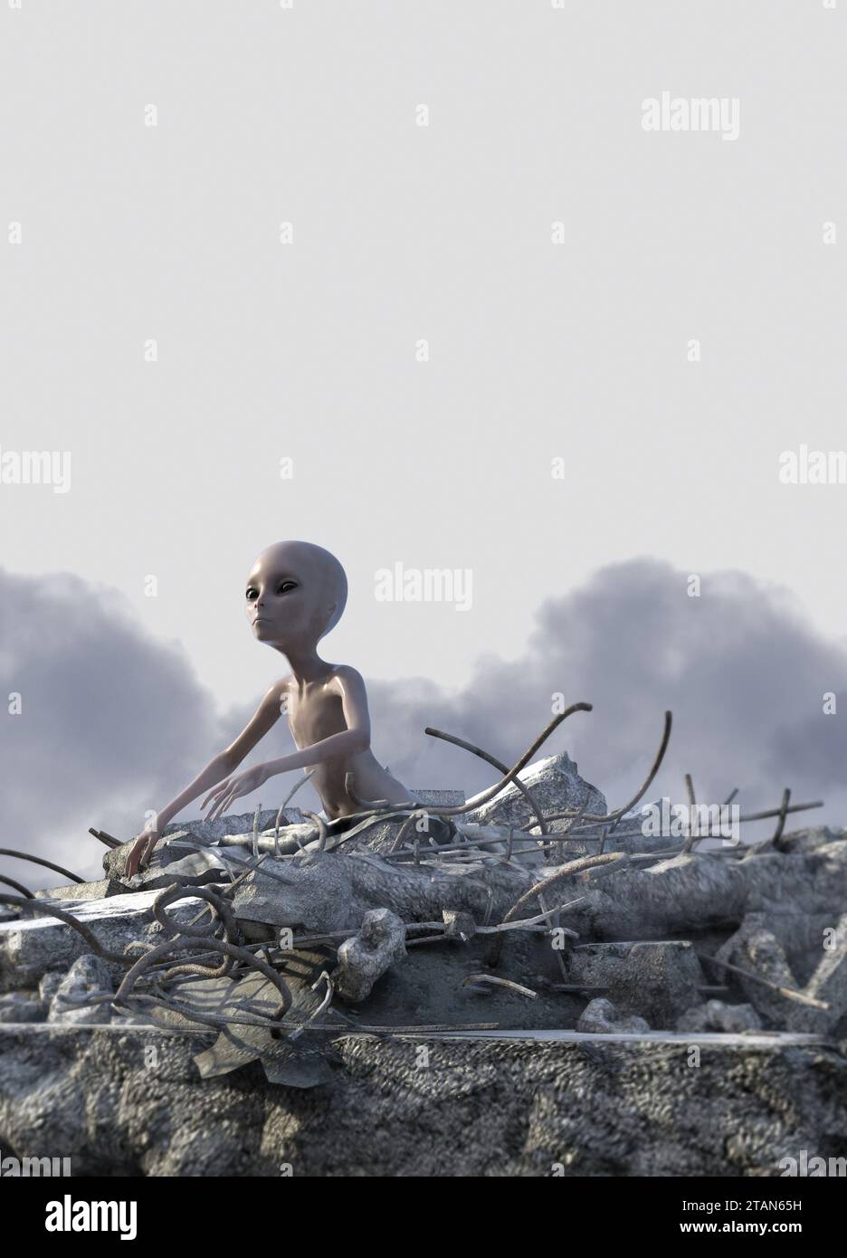 Alien amongst rubble, illustration Stock Photo