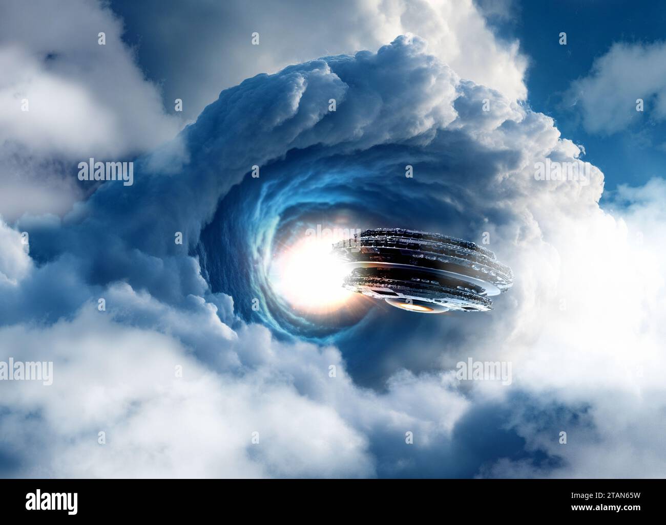 UFO appearing from wormhole, illustration Stock Photo