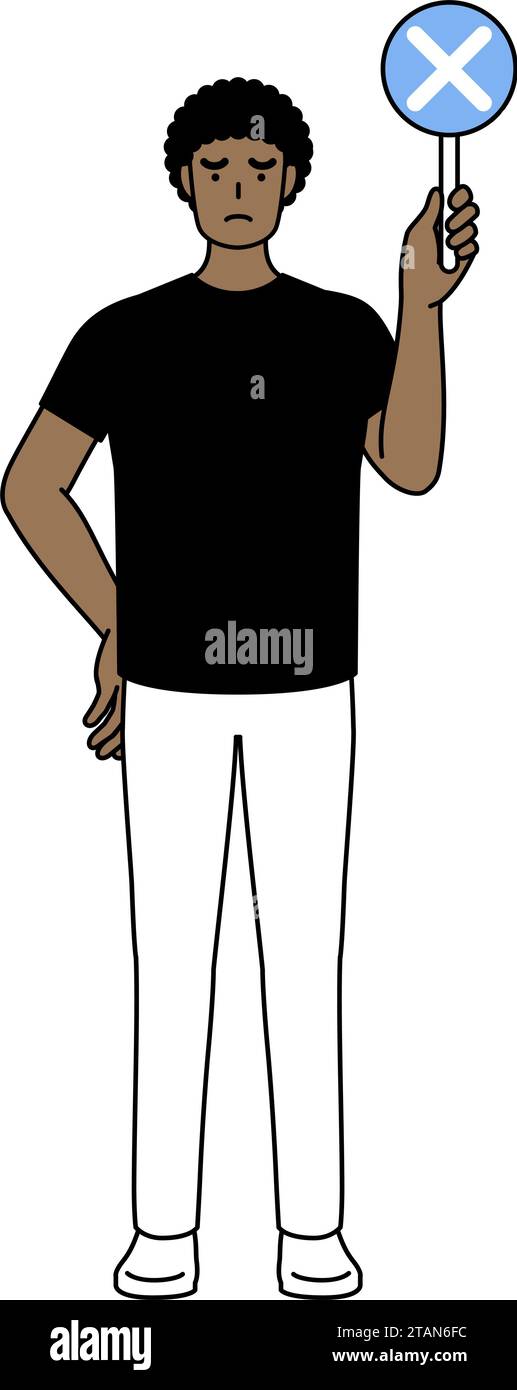 African-American man holding a placard with an X indicating incorrect answer, Vector Illustration Stock Vector