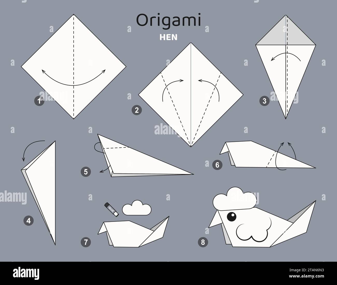 Origami tutorial for kids. Origami cute hen. Stock Vector