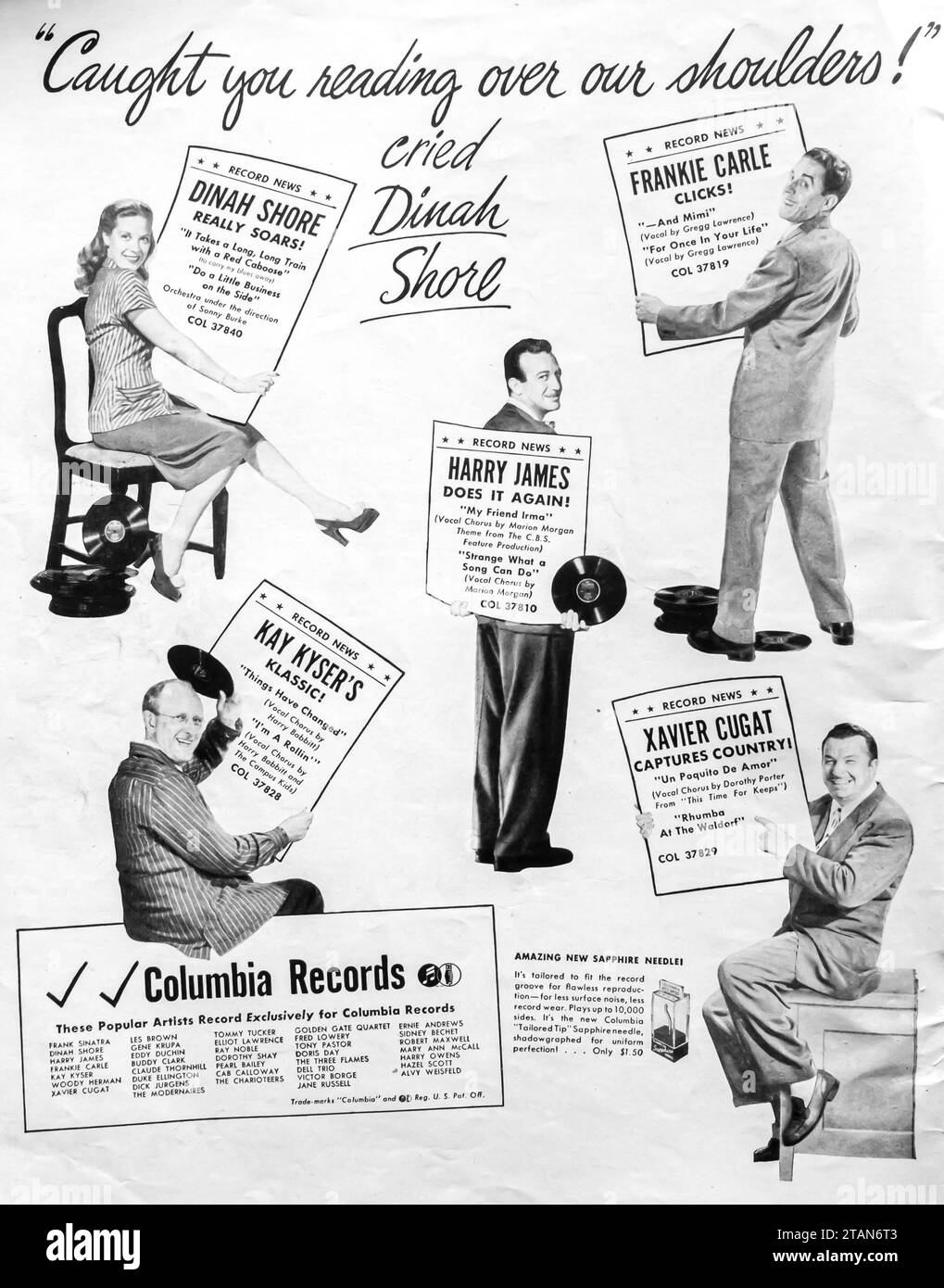 1947 Columbia records new records: Dinah Shore, Frankie Carlie, Harry James, Kay Kyser, Xavier Cugat records ad Stock Photo