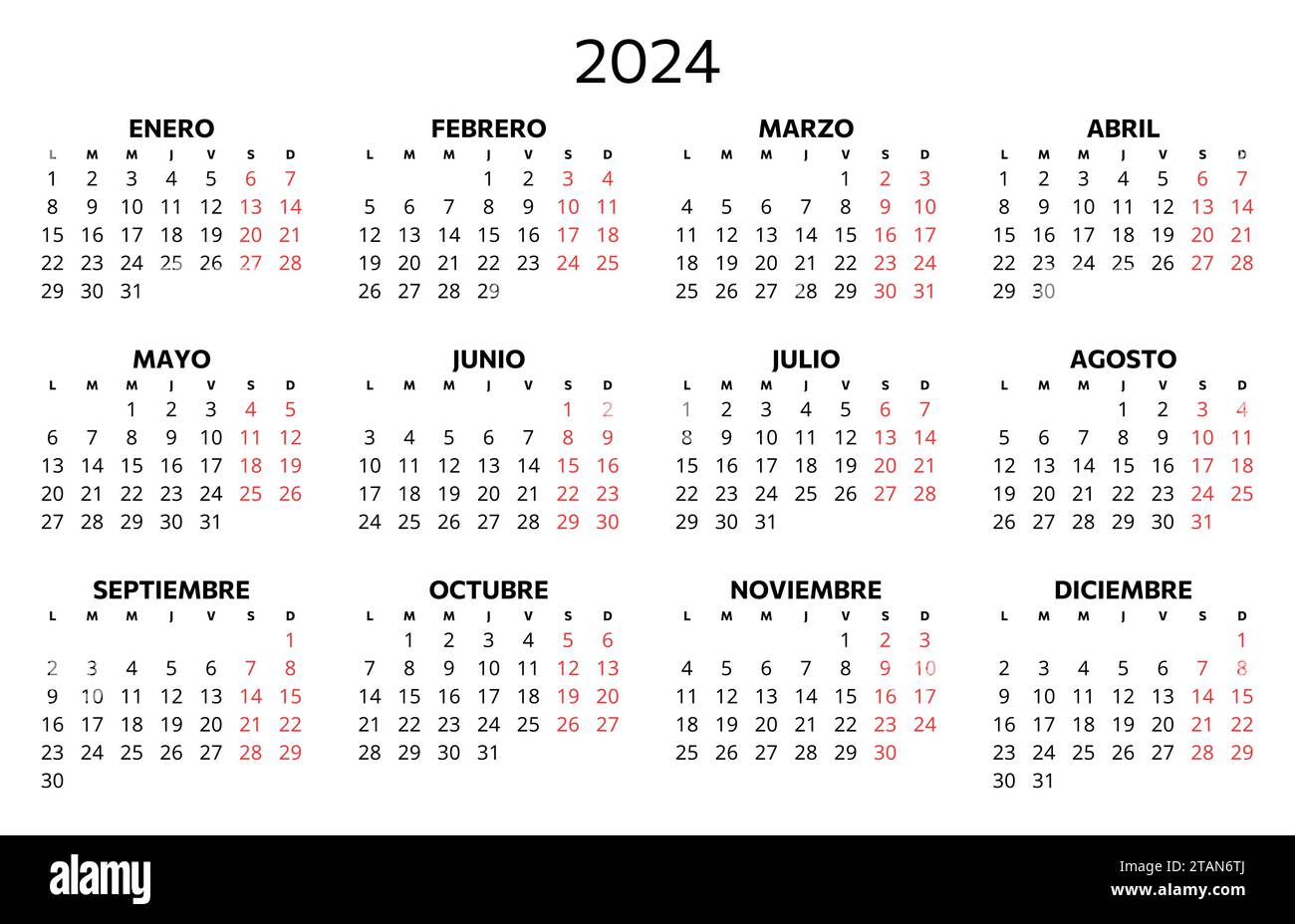 2025 spanish calendar. Printable vector illustration for Spain. 12