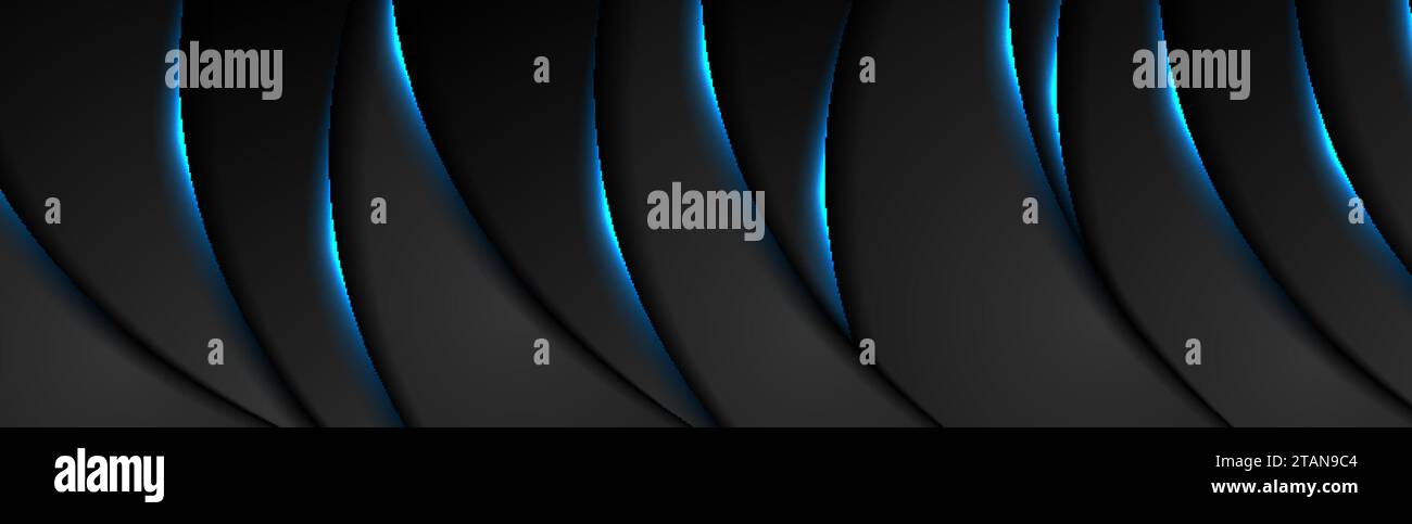 Black tech abstract wavy banner design with blue neon glowing light ...