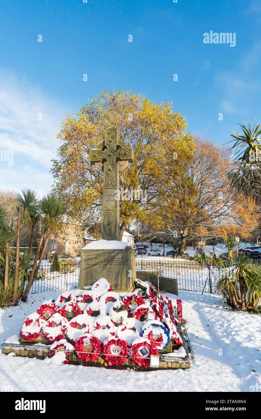 Winter view of Washington Village war memorial, Tyne and Wear, England, UK Stock Photo