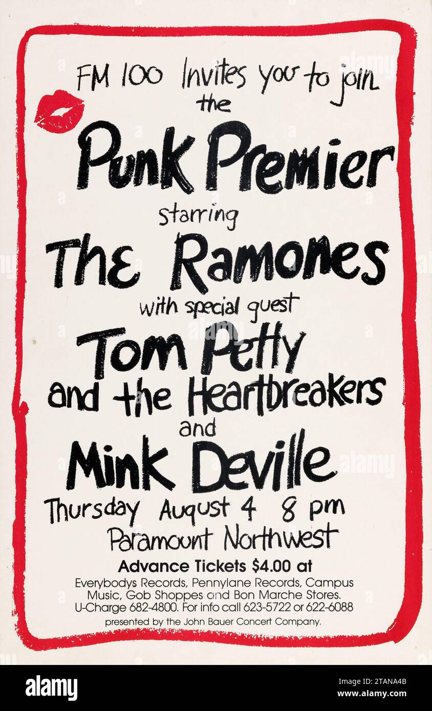 FM100 invites you to join the Punk Premier starring The Ramones, Tom Petty & The Heartbreakers, Mink Deville 1977 Seattle, Washington, Vintage Concert Poster Stock Photo