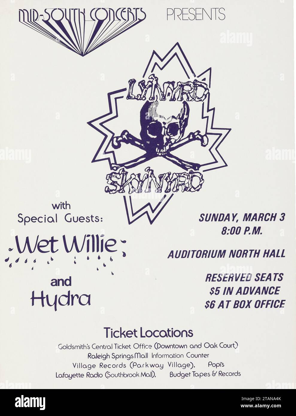 Lynyrd Skynyrd, Wet Willie, Hydra 1974 Memphis, TN Concert Poster Stock ...