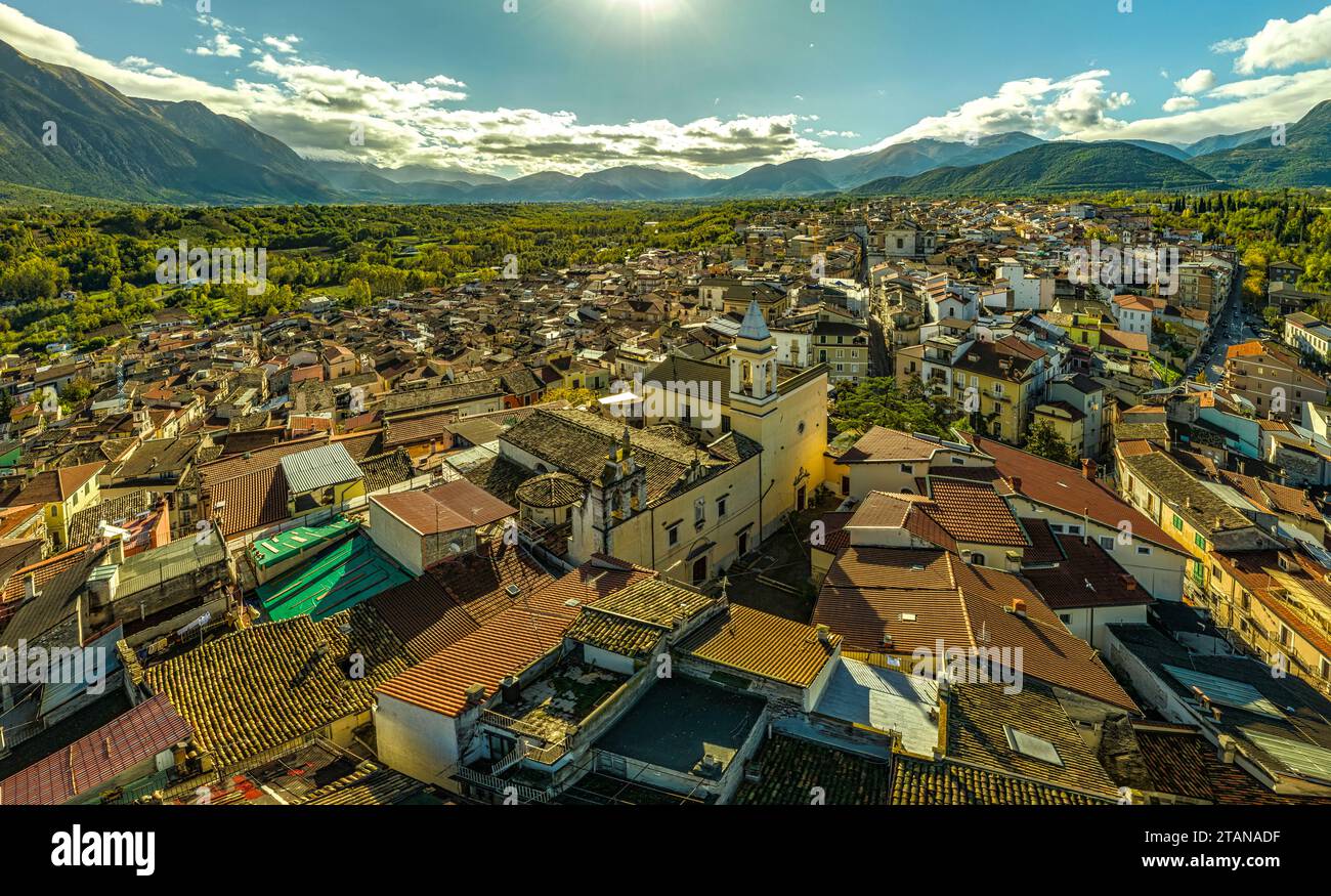 View from above of Pratola Peligna.In the foreground, the small square of San Pietro Celestino and the houses of the ancient fortified nucleus.Abruzzo Stock Photo