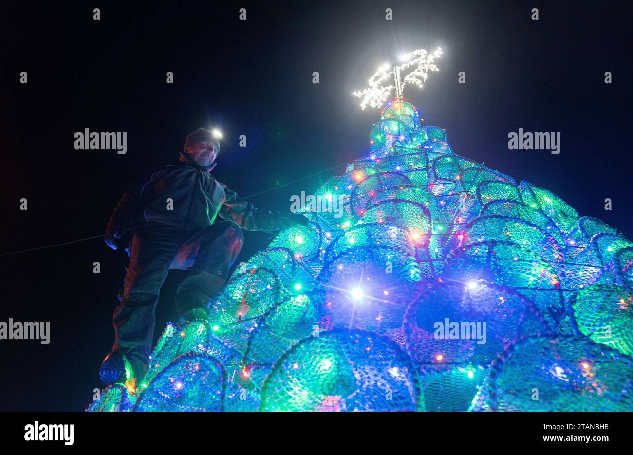 Gordon Wink checks the lights on the fishing creel Christmas tree he helped to design and build on the harbour-side in Ullapool, Wester Ross. Picture date: Friday December 1, 2023. Stock Photo