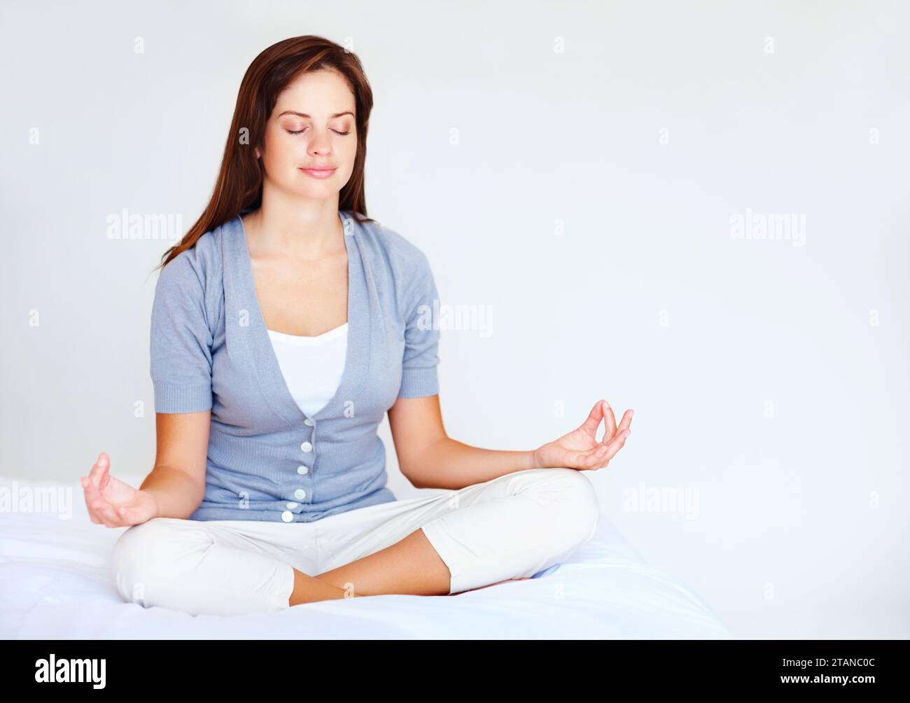 Yoga, meditation and woman in bedroom with peace and spiritual zen in