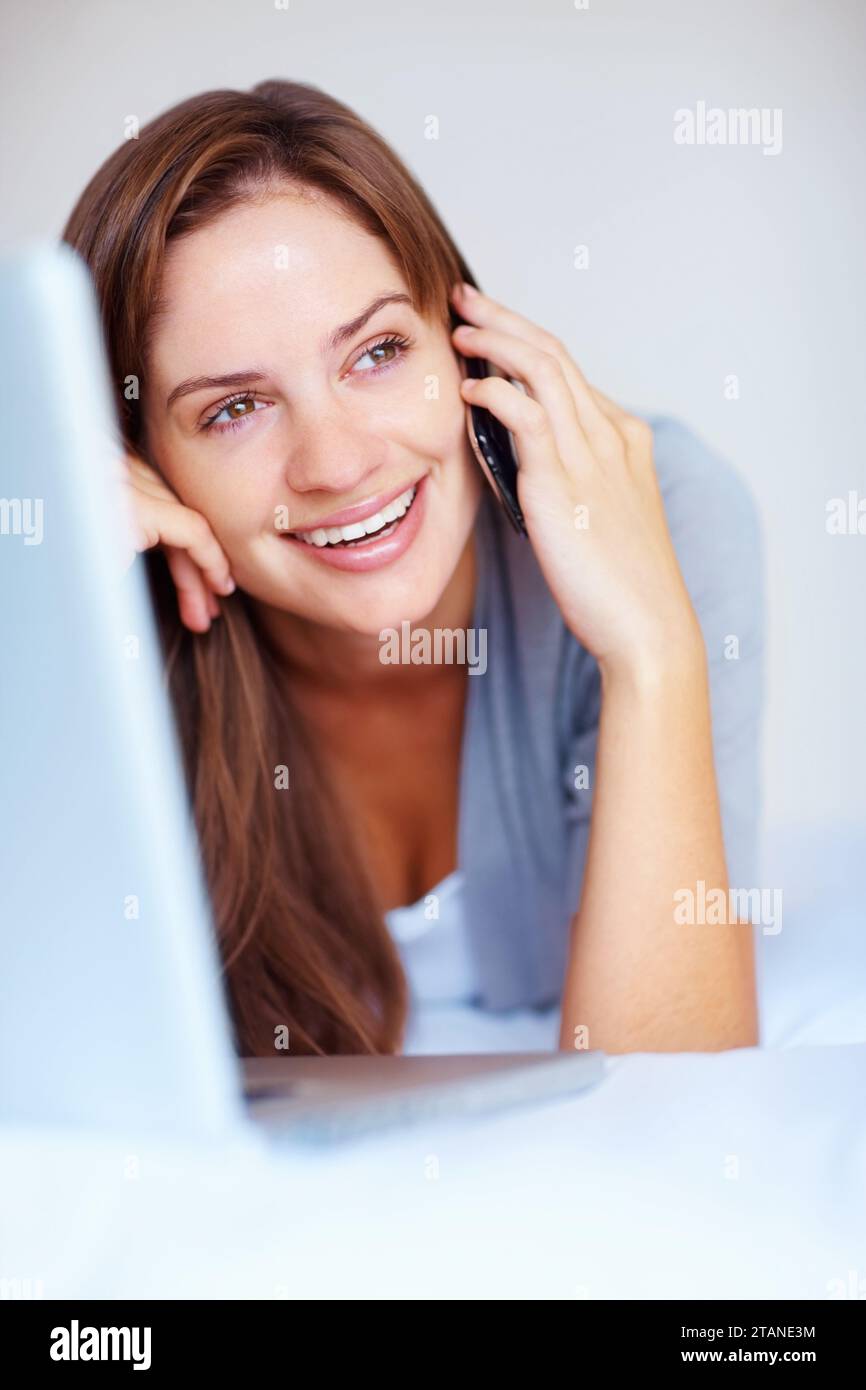 Relax Phone Call And Woman On Bed With Laptop Smile And Networking With Conversation