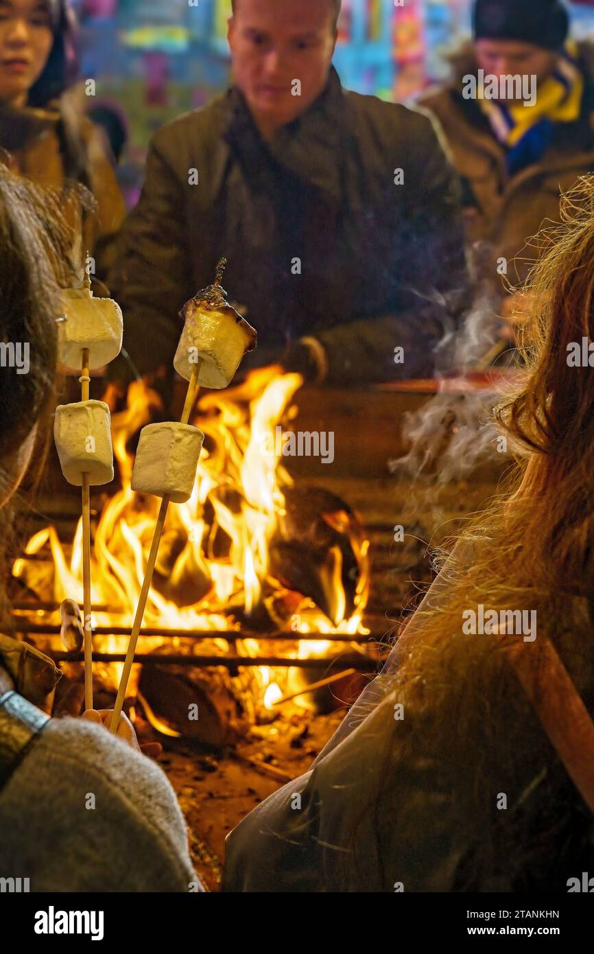 People enjoying a night at Leeds Christmas Market, roasting marshmallows over a fire pit,creating a warm and cosy atmosphere, Leeds, Yorkshire, UK. Stock Photo