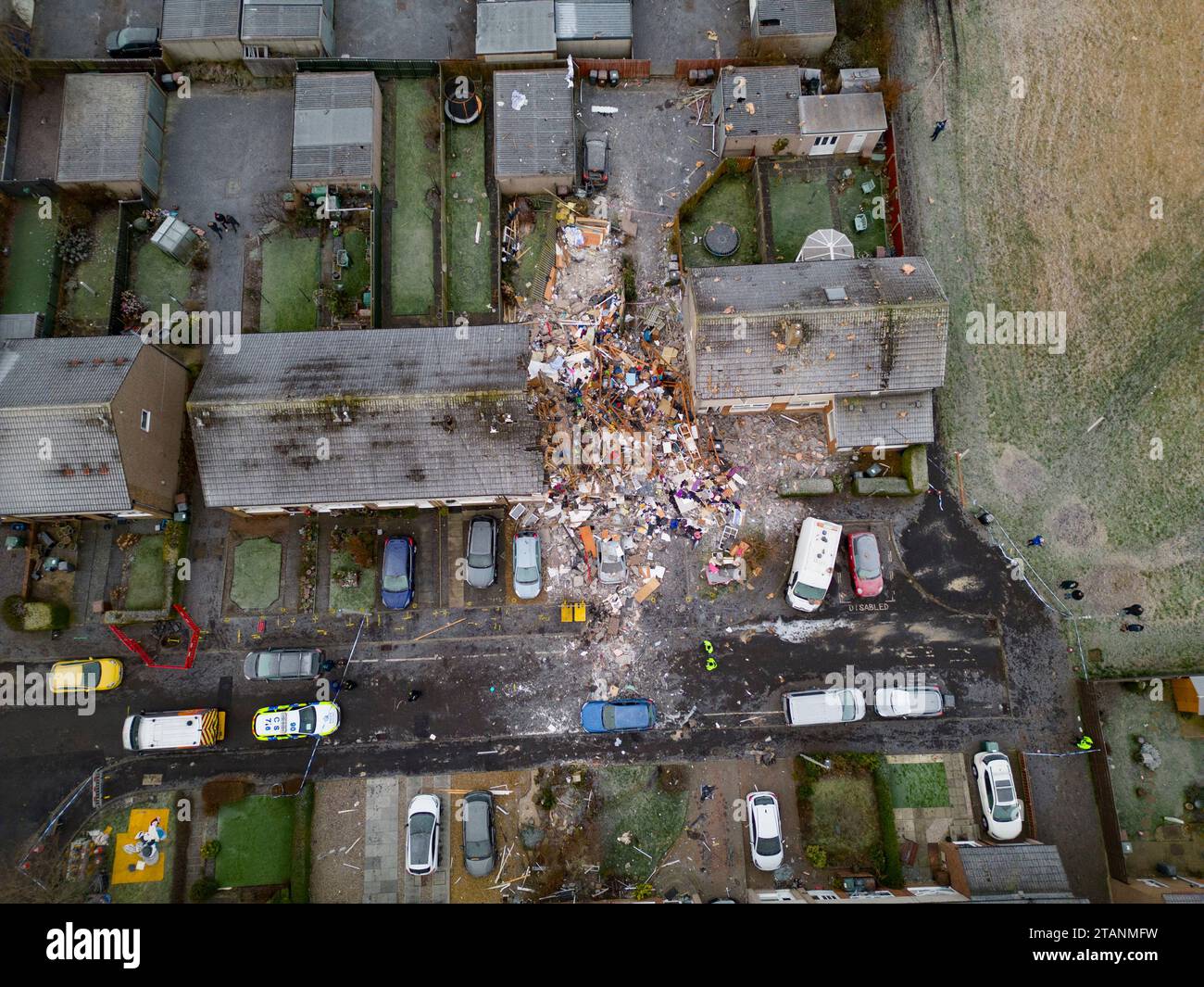 Aerial views of aftermath of fatal gas explosion at house in Baberton