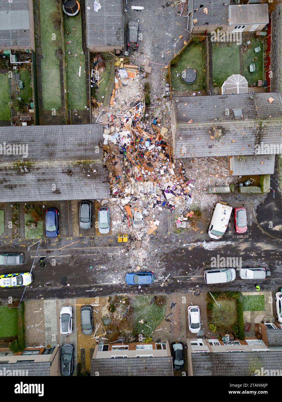 Aerial views  of aftermath of fatal gas explosion at house in Baberton district of Edinburgh, Scotland UK Stock Photo