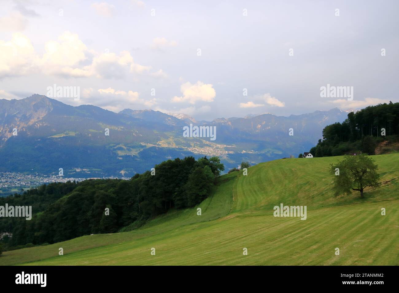 a Panoramic view from Switzerland to Liechtenstein, Vaduz City and Rhine River Stock Photo