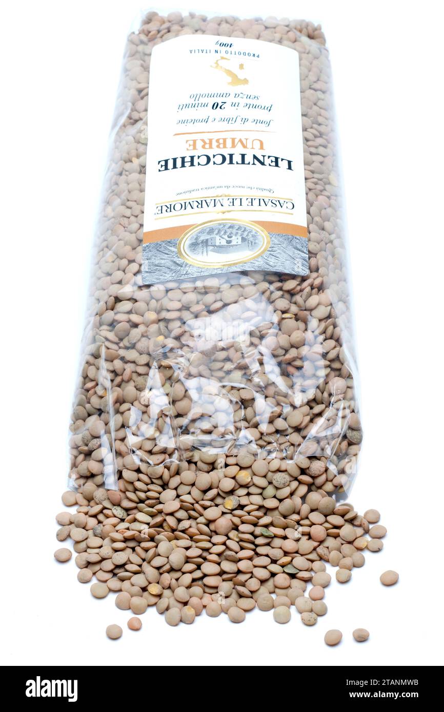 400 gram Bag of Casale Le Marmore Umbrian Lentils spilling onto a White Background Stock Photo