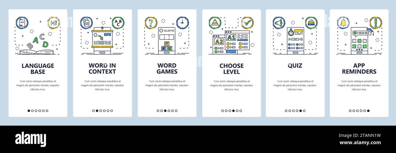 Distance language learning website and mobile app onboarding screens vector template Stock Vector