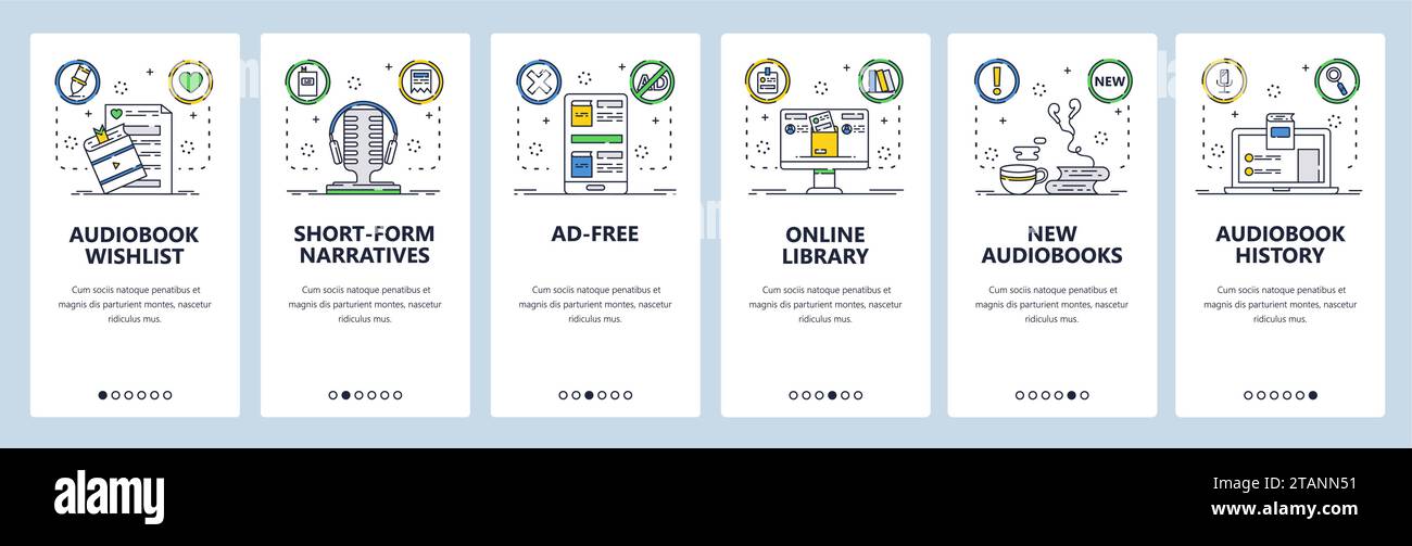 Audiobooks website and mobile app onboarding screens vector template Stock Vector