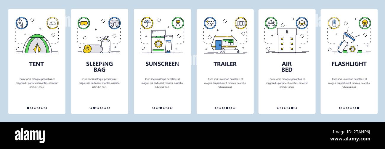 Camping gear website and mobile app onboarding screens vector template Stock Vector